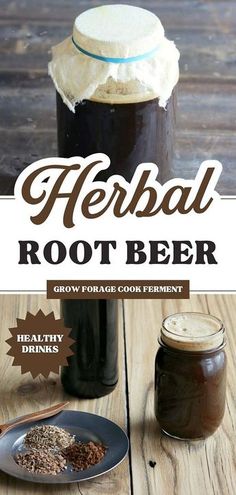 a bottle of root beer next to a plate with food on it and the words, herb root beer