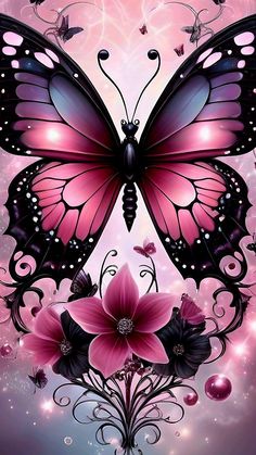 a butterfly with pink flowers on it's wings is flying in the night sky