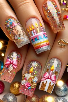 33 Birthday Nails to Celebrate Your Special Day Virgo Inspired Nails, Birthday Nail Art Designs, Birthday Nails Scorpio, Birthday Nails Virgo, Scorpio Birthday Nails, Virgo Nails Designs, Happy Birthday Nails, Nail Art Birthday, 21st Birthday Nails