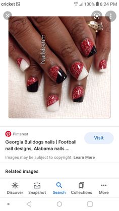 Uga Nails Design, Alabama Nail Designs, Georgia Bulldogs Nails Designs, Ou Nails Boomer Sooner, Husker Nails Designs, Ohio State Buckeyes Nails, Fall Football Nails, Theatre Nails, Football Season Nails