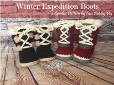 two pairs of winter boots sitting next to each other on a wooden floor with the words winter expedition boots written below them