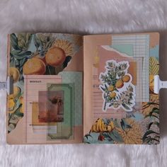 an open book with oranges and flowers on it