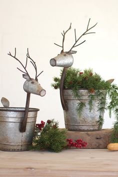 Set of 2 Metal Deer Planters - Chapin Furniture Reindeer Planter, Metal Bins, Bucket Planters, Holiday Greenery, Metal Bucket, Christmas Garden, Decorative Planters, Container Set, Antique Farmhouse