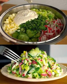 two plates with different types of food on them and one has a fork in it