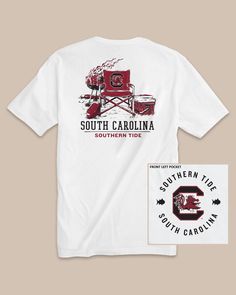 The back view of the USC Gamecocks Gameday BBQ Tailgate T-Shirt by Southern Tide - Classic White Gameday Food, Father Son Outfits, Usc Gamecocks, College Town, Boys Swim Trunks, Game Day Shirts, Boys Swim, Tee Shirt Designs, Kids Pants