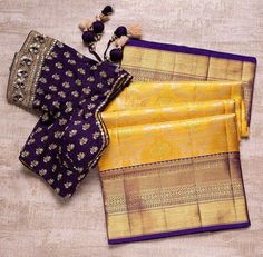 three pieces of yellow and purple silk saree