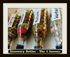 four bottles filled with different types of candies and candy in them, labeled discovery bottles - the 4 seasons