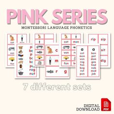 pink series montessori language phonicics 7 different sets - digital printable