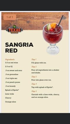 a recipe for sangria red wine is shown in the menu, which includes an orange slice