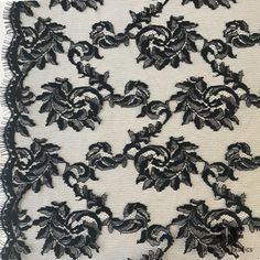 This gorgeous Chantilly lace is a black color. Unique for the gorgeous floral pattern and scalloped border/eyelash fringe on both edges, this Chantilly lace is a popular choice for adding a feminine touch to any look - dresses, veils, slips and garment accents. This fabric is sheer, therefore a lining is needed if additional structure and modesty is desired. SKU: 6905 Content: Nylon Blend Color: Black Width: 38 inches Origin: France Party Black Lace With Contrast Detail, Black Scalloped Lace For Wedding, Fitted Black Lace With Lace Trim, Black Lace With Lace Trim For Party, Elegant Black Crochet Lace, Black Scalloped Lace For Party, Fitted Black Crochet Lace, Black Crochet Lace For Party, Lace Images