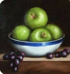 a painting of green apples in a blue and white bowl on a table with grapes