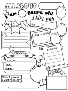 an all about years old coloring page with balloons, books and other things to write