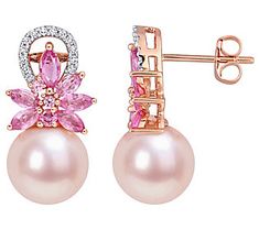 Now, it's a celebration! Reach for these pink cultured freshwater pearl earrings, blooming with diamonds and pink sapphire gemstones, when you want to mark a special occasion -- and take some fabulous photos. From Bellini. Rose Gold Drop Earrings, Sapphire And Diamond Earrings, Pearl Pink, Freshwater Pearls Earrings, Diamond Drop Earrings, Pink Gemstones, Diamond Drops, Diamond Flower, Freshwater Cultured Pearls