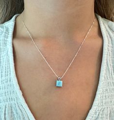 Natural Larimar Square Pendant Necklace for Women. Beautiful Sterling Silver setting and choice of 14", 16", 18", 20" or 22" Sterling Box Chain. Minimalist Jewelry Gift for Ladies. -  Natural Larimar Stone, Princess Cut Square -  High Quality .925 Sterling Silver Setting -  Italian Sterling Silver Box Chain  -  14", 16", 18", 20", 22" Chain Length -  Marked 925 Thank you for visiting us at HarperSilver!❤️ Blue Box Chain Necklace As A Gift, Blue Box Chain Necklace For Gift, Blue Box Chain Jewelry Gift, Square Pendant Necklace, Square Pendant, Silver Box, Summer Jewelry, Box Chain, Necklace For Women