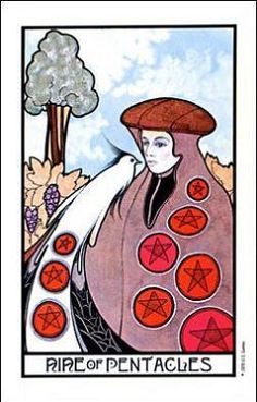 a tarot card with an image of a woman holding a tree and the words,'pure of pentacles '