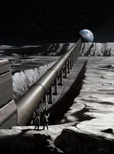 an artist's rendering of a space station on the moon with two people standing next to it