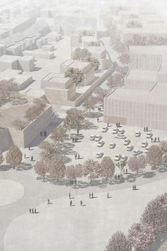 an artist's rendering of a park with benches and trees in the foreground