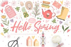 hello spring illustrations with flowers, books, and other things to make it look like they are