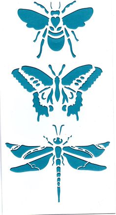 three blue paper cut outs with insects on them