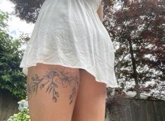 not mine Back Of Leg Flower Tattoo, Lower Chest Tattoos For Women, Pretty Tattoo Placement, Around Thigh Tattoos Women, Symmetrical Thigh Tattoos, Tattoo Around Thigh, Under Buttcheek Tattoo, Behind Leg Tattoo Thighs, Thigh Wrap Around Tattoo