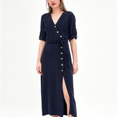 {Zara} Nwt Trf Button Front Midi Length Dress Xs Navy Blue 3/4 Sleeves Tie Waist Super Soft 89% Viscose, 11% Polyester. Sz Xs Armpit To Armpit-Approx 17” Waist-Approx 13” Across (26” Total) Length-Approx 48” Blue V-neck Maxi Dress With Buttons, Casual V-neck Midi Dress With Button Cuffs, Elegant Summer Maxi Dress With Button Cuffs, Summer V-neck Dress With Button Cuffs, Summer V-neck Midi Dress With Button Cuffs, V-neck Maxi Dress With Button Closure For Work, Summer Maxi Dress With Button Cuffs, Blue V-neck Midi Dress With Buttons, Blue Maxi Dress With Buttons For Day Out