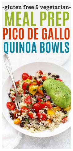 a white bowl filled with quinoa and vegetables next to a green avocado