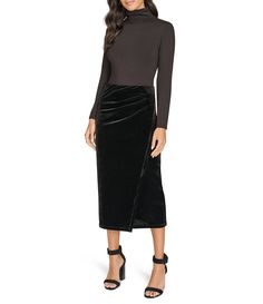 From Calvin Klein&#x2C; this skirt features:Velvet fabricationPencil silhouetteRuched detailing on the sidePull-on constructionMidi lengthApprox. 33" lengthPolyester/spandexHand wash cold with like colors; lay flat to dry; low iron on reverseDry clean if necessaryImported. Calvin Klein Fitted Skirt, Calvin Klein Formal Knee-length Midi Dress, Calvin Klein Fitted Pencil Skirt, Calvin Klein A-line Midi Dress For Party, Pencil Midi Skirt, Chic Calvin Klein V-neck Midi Dress, Midi Skirt Pencil, Low Iron, Dillard's