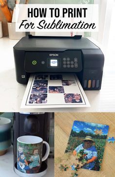 the printer is sitting on top of the table next to some pictures and coffee mugs