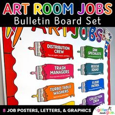 classroom art room jobs bulletin board set includes posters, letters, and graphics for kids