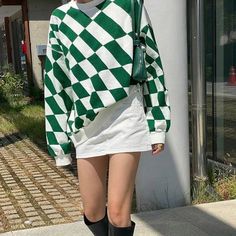 Sweatshirts Aesthetic, Preppy Mode, Green Checkered, Mesh Tops, Jennifer's Body, Harajuku Streetwear, Loose Pullover, Preppy Aesthetic