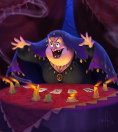 a cartoon character sitting at a table with candles in front of her and holding his hands out