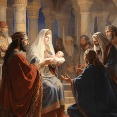 a painting of jesus holding the infant in his arms while surrounded by other people and looking at him