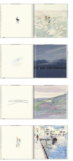 four pages with different pictures in them and one has a bird flying over the water