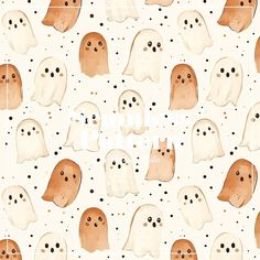 a group of halloween ghost faces on a white background with black dots in the middle