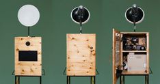 three different views of an open cabinet with two mirrors and one light bulb on top