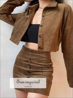 Women Brown Buttoned Cropped Corduroy Jacket and Corduroy Buttoned front Slim Mini Skirt Set Courduroy Outfit, Corduroy Outfit Ideas, Corduroy Set Outfit, Corderoy Outfits Women, Short Jacket Outfit Women, Corduroy Outfits Womens, Brown Corduroy Skirt Outfit, 90s Mini Skirt Outfit, Coudroy Jacket Outfits