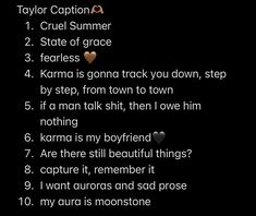 Captions de Taylor Swift 
Captions de Taylor
Captions Taylor’s Versión
Captions para ig de Taylor Swift 
Frases de Taylor
Frases de Taylor Swift Taylor Swift References Quotes, August Captions Instagram Taylor Swift, Taylor Swift Lover Captions, Taylor Swift Beach Captions, Taylor Swift Summer Captions, Taylor Swift Ig Captions, Taylor Swift Bio Ideas, Taylor Swift Instagram Captions, Taylor Swift Bio