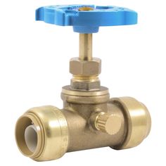 a brass ball valve with a blue handle on the top and an outlet to the side