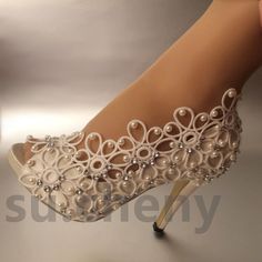 su.cheny 3" 4” white ivory satin lace peep toe rhinestones Wedding Bridal shoes | eBay White Open Toe Wedding Shoes, White Open Toe Wedding Shoes With Rhinestones, Rhinestone Wedding Shoes, Crystal Lace, Pearl Anklet, Bridal Dresses Lace, Lace Formal Dress, Bridal Heels, Wedding Shoes Heels