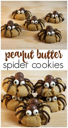 peanut butter spider cookies with googly eyes and chocolate on top are ready to be eaten