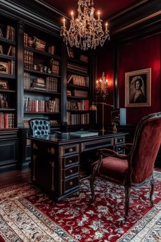 An elegant dark home office featuring a black desk with gold detailing, deep red walls, a crystal chandelier, and a luxurious rug, offering moody office ideas for a dark modern office or small moody office setup. Moody Office Ideas, Small Moody Office, Dark Home Office, Moody Office, Dark Modern, Office Designs, Dark Home, Small Home Office, Modern Office