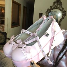 Cute Pink Platform Shoes, Size 11! Perfect Shoe To Wear With Your Pink Outfits And Walking Coats! Leather Party Heels, Low-top Leather Heels For Parties, Leather Low-top Heels For Parties, Cutecore Shoes, Pink Platform Shoes, Pink Platform, Pink Platforms, Pink Outfits, Shoes Color