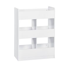 a white book shelf with four shelves on each side