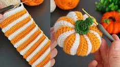 crocheted pumpkin decoration being worked on by someone using the knitting needles and yarn