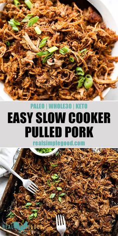 easy slow cooker pulled pork recipe in a casserole dish with text overlay