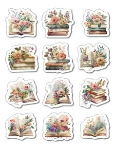 stickers with flowers and books on them