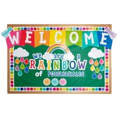 a welcome sign with rainbows and clouds