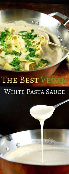 the best vegan white pasta sauce is being poured into a pan