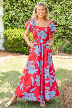 PROVEN, BEST-SELLING FIT! Perfectly bold with a side of sweetness, this red maxi is covered in a large-scale blue floral print. Maxi features a flattering and comfortable stretchy smocked bodice that flows into an A-line skirt. Short balloon sleeves add to the cuteness, and side pockets complete the look.  Pull-on fit Side pockets Smocked bodice Elastic trim on shoulders Elastic sleeve cuff Fabric content: Self- 100%... Off Shoulder Jacket, Athleisure Accessories, Red Maxi, Skirt Short, Blue Door, Floral Print Maxi, Comfy Tops, Blue Floral Print, Balloon Sleeves