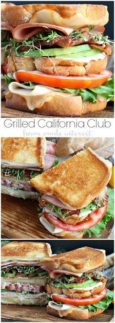 the grilled california club sandwich is cut in half and stacked on top of each other